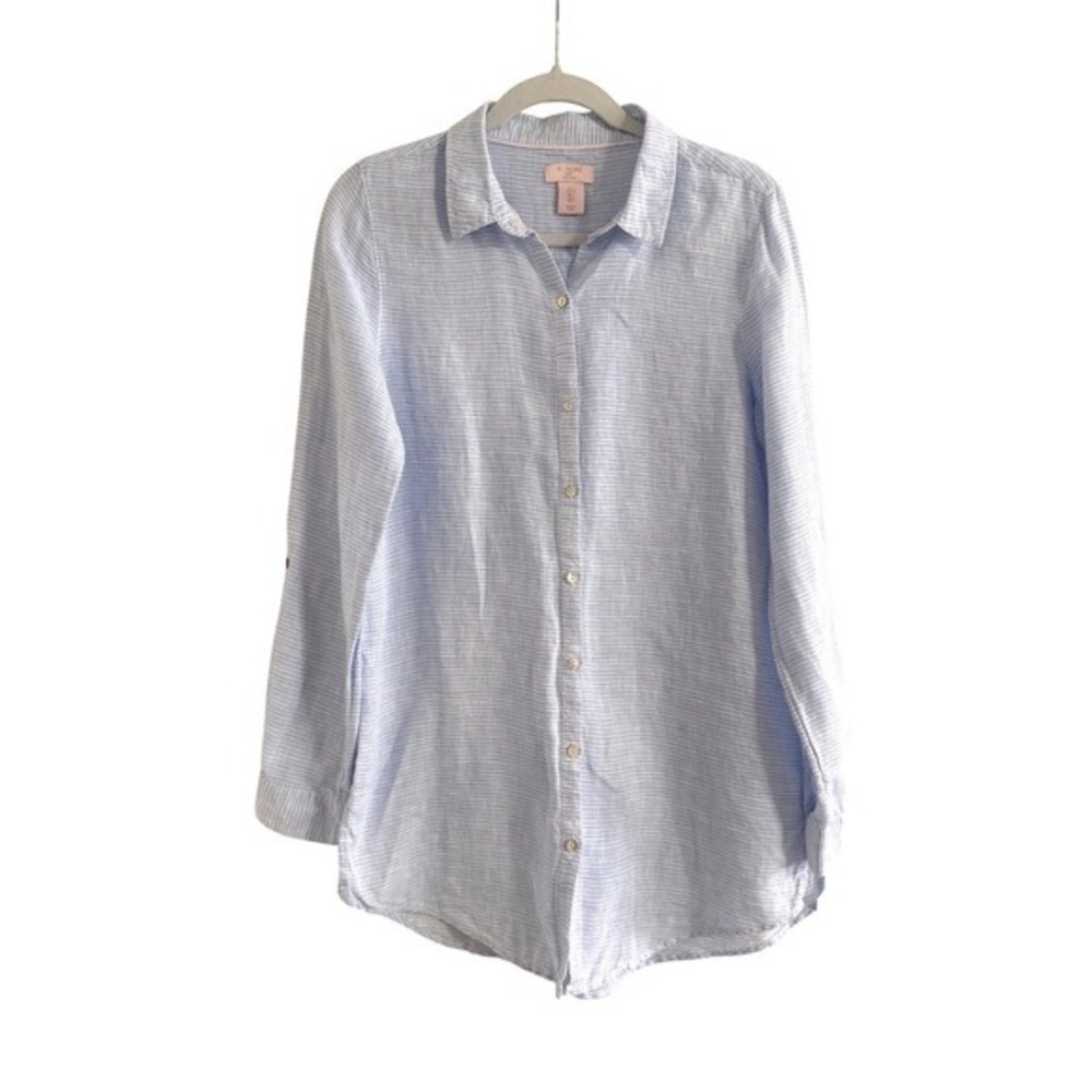 St. Tropez West Womens Coastal Linen Button‎ Down Roll Tab Sleeve S Blue Striped